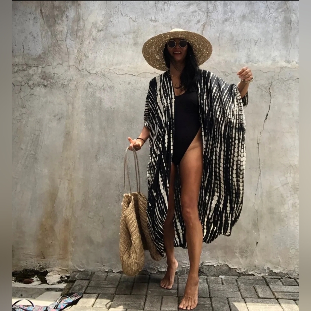 New Gorgeous Flowy Boho Tie Dye Kimono Duster Long Black White